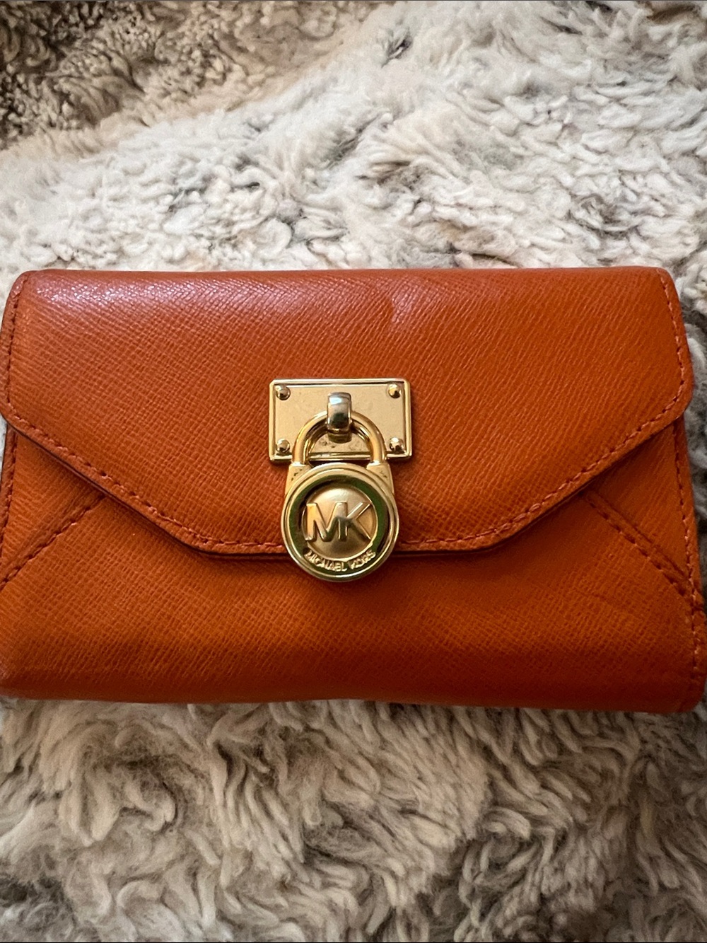 Michael Kors Orange Saffiano Leather Flap Wallet with Gold MK Lock
